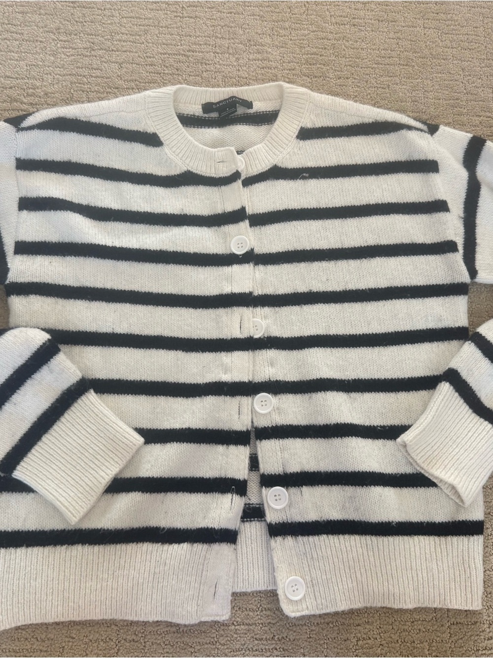 Santuary Striped Crewneck Button Cardigan Sweater - White/Black